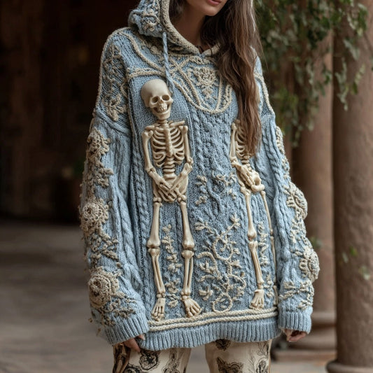 Women's Skull And Daisy Art Print Warm And Cozy Hooded Sweater elevenforest
