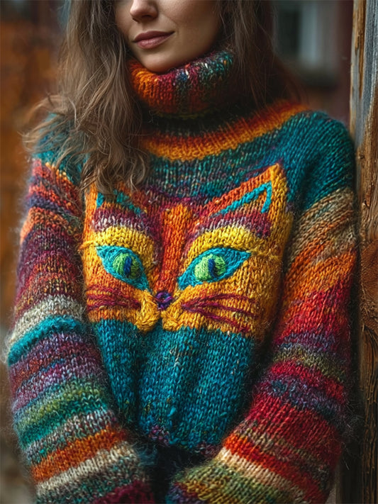 Comstylish Vintage Cat Face Colorblock Cozy Chunky Turtleneck Sweater