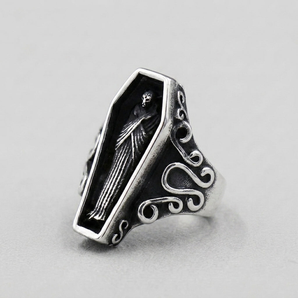 Coffin Ring with Skeleton Figure and Scroll Filigree