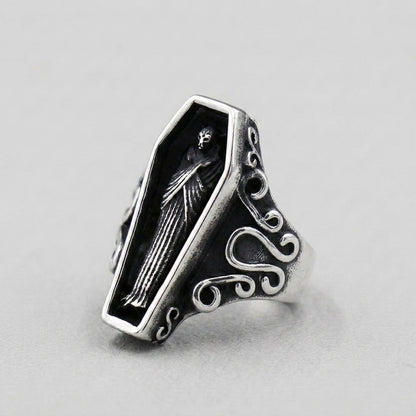 Coffin Ring with Skeleton Figure and Scroll Filigree
