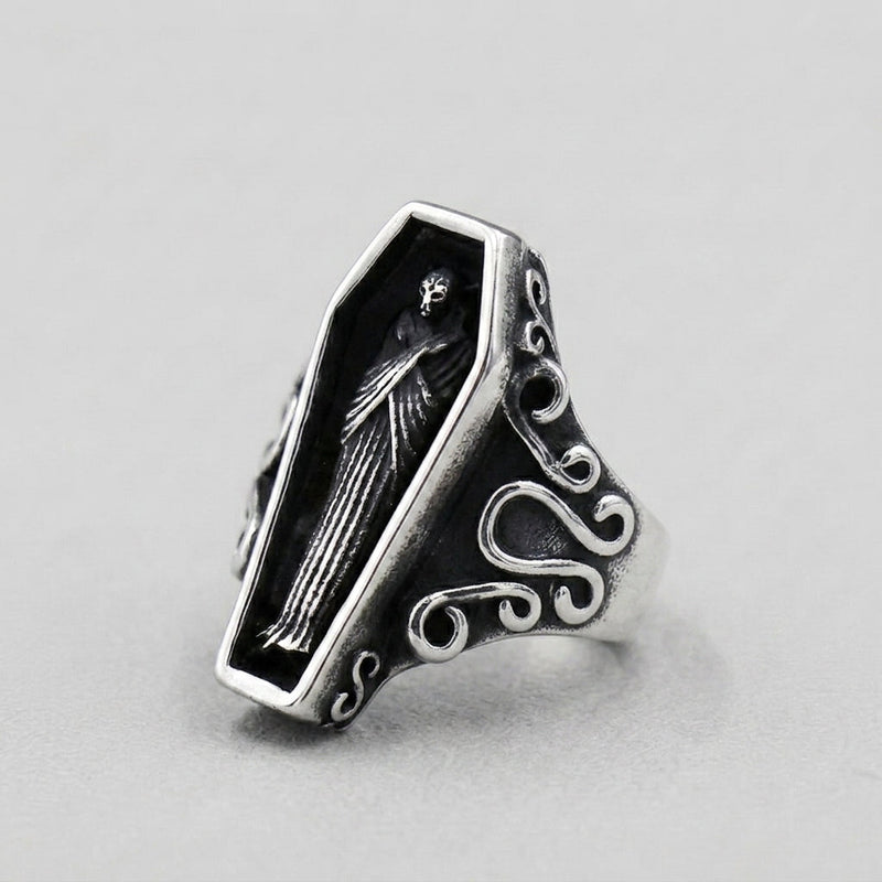 Coffin Ring with Skeleton Figure and Scroll Filigree