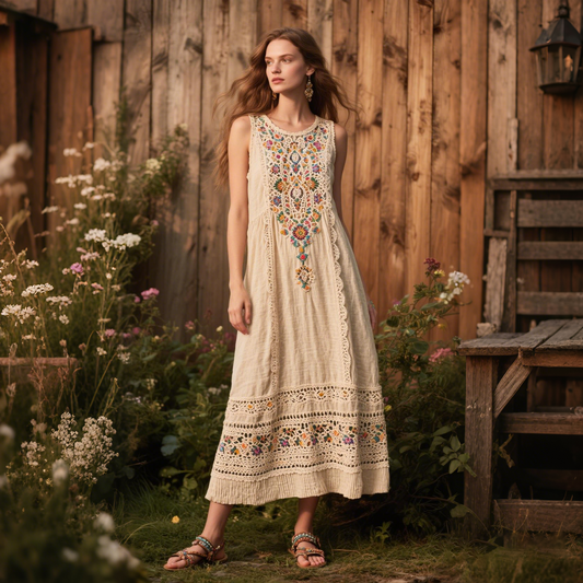 Vintage Tribal Floral Lace Panel Linen Dress artswardrobe