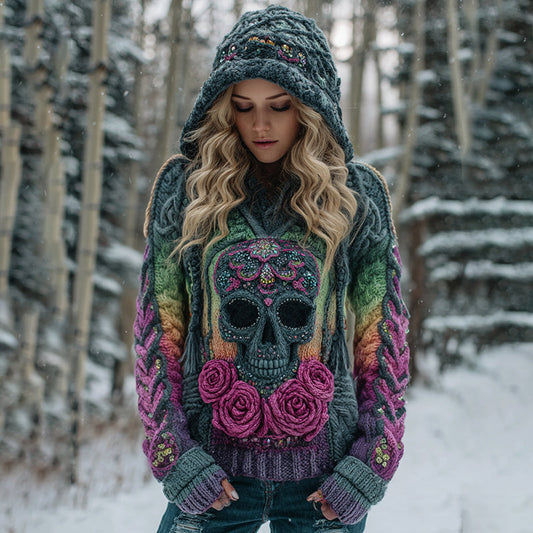 Women's Viking Tribal Jacquard Celtic With Rose And Skull Inspired Chunky Knit Hooded Sweater elevenforest