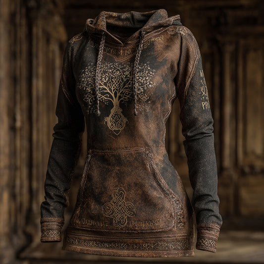 Comstylish Women's Vintage Viking Rune And Tree Of Life Pattern Casual Hooded Dress