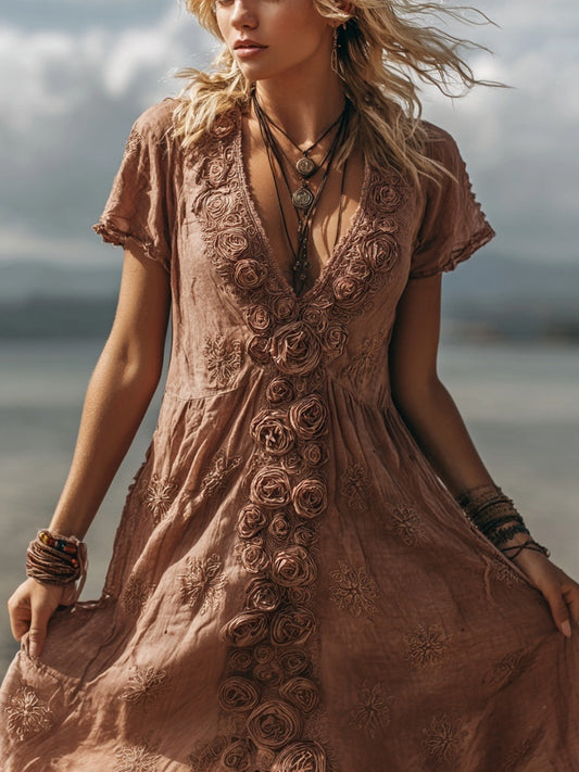 Vintage Roses Embroidered Flowy Linen Maxi Dress artswardrobe