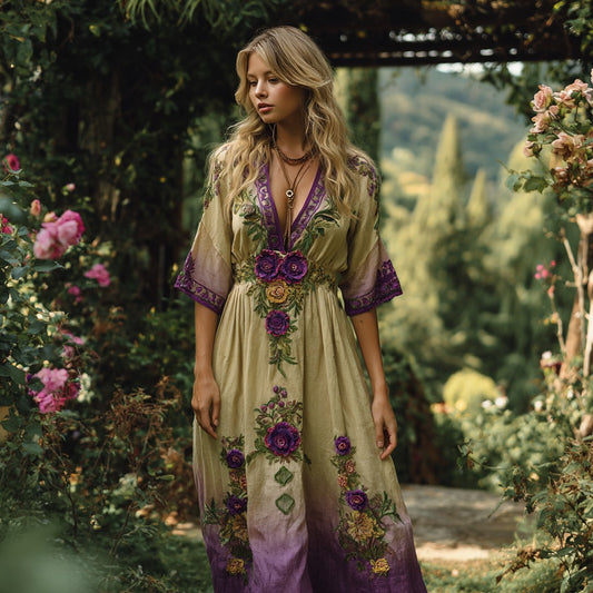 Vintage Gradient Purple Floral Embroidered V Neck Linen Blend Maxi Dress artswardrobe