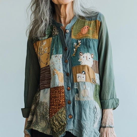 Bohemian Style Patchwork Art Animal Forest Embroidery Linen Long Sleeve Shirt artswardrobe