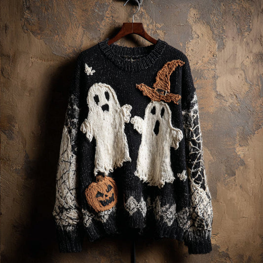 Women's Halloween Ghost Screaming Night Patchwork Embroidery Vintage Round Neck Sweater artswardrobe
