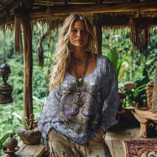 Women's Viking Style Tree Of Life Art Linen Casual T-shirt artswardrobe