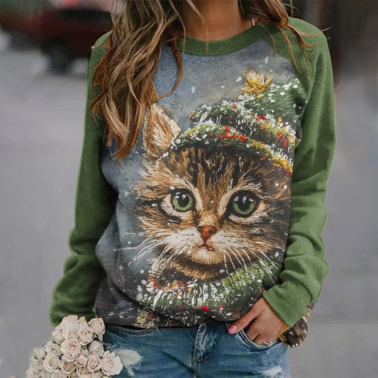 Comstylish Christmas Cat Print Crew Neck Casual Sweatshirt