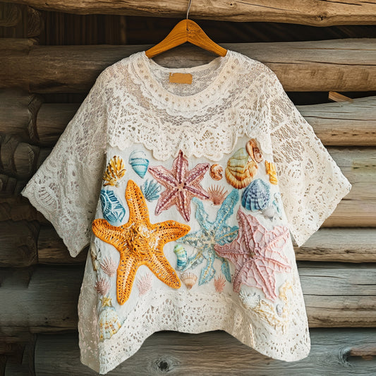 Ocean Colorful Starfish Embroidered Lace Art Linen Blend Shirt artswardrobe