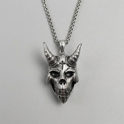 Cross & Horn Demon Skull Pendant Necklace
