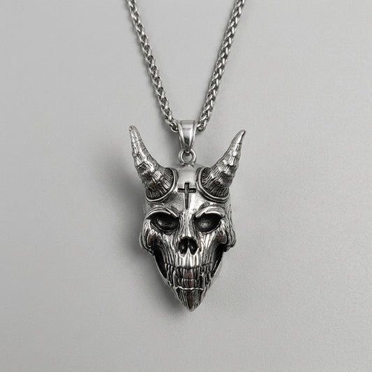 Cross & Horn Demon Skull Pendant Necklace