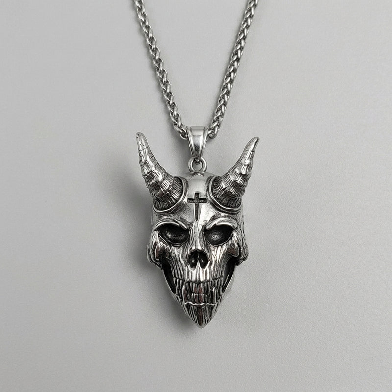 Cross & Horn Demon Skull Pendant Necklace