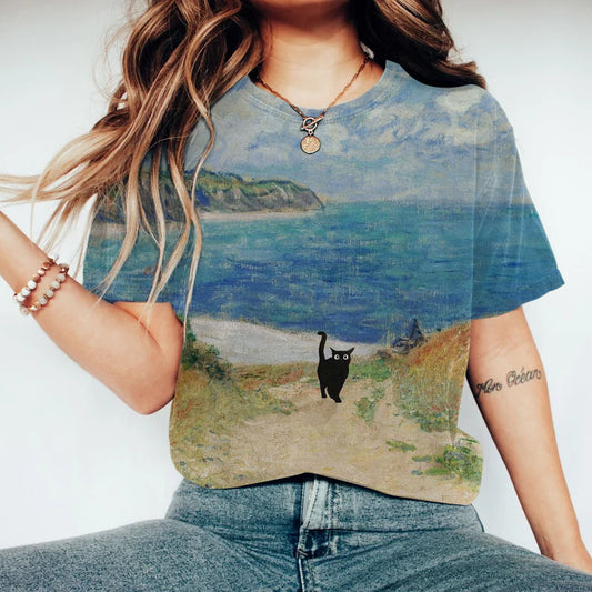 Comstylish Cat Landscape Painting Art T-Shirt