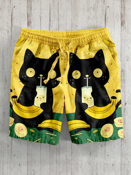 Black Cat Drinking Banana Milk Linen Blend Shorts elevenforest