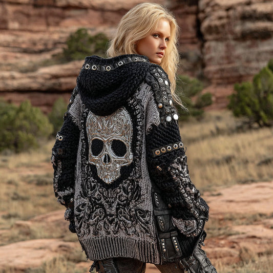 Women's Dark Style Skull Inspired Knitted Cozy Midi Hooded Cardigan artswardrobe