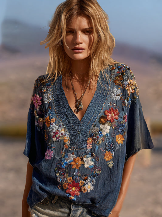 Bohemian-style Three-dimensional Multi-colored Beaded Floral Design With A Distressed Finish, V-neck Short-sleeved Shirt artswardrobe