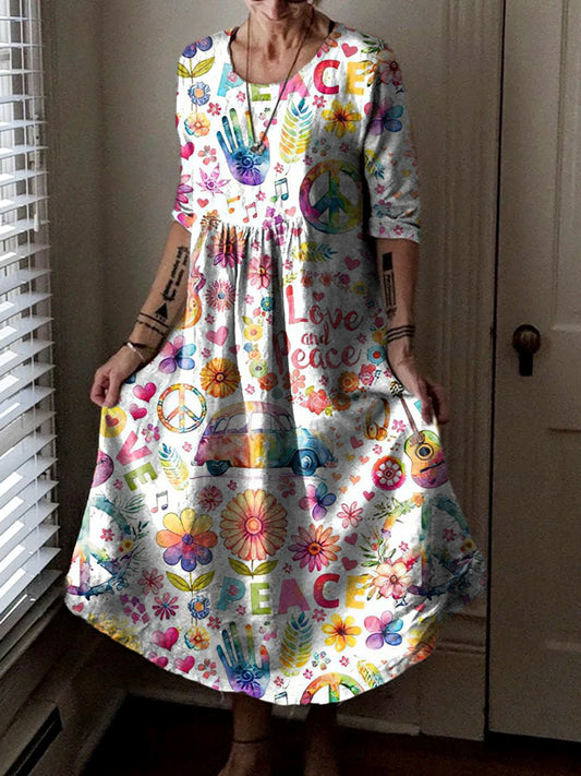Women's Hippie Peace Love Art Print Pocket Cotton Dress