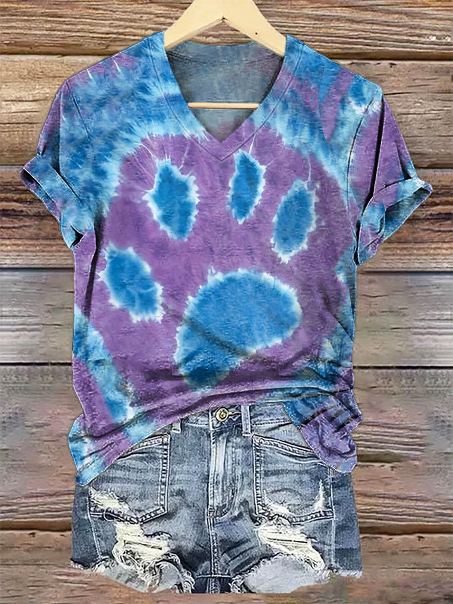 Women's Tie-Dye Cat's Paw Art Print V-Neck Casual T-Shirt