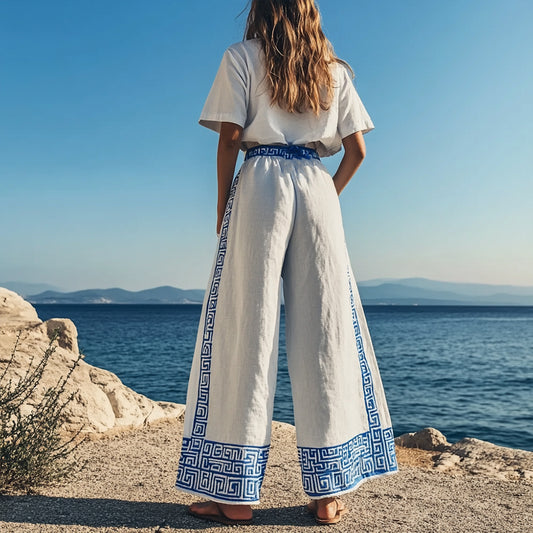Women's Vintage Greek Key Embroidered Linen Lounge Pants artswardrobe