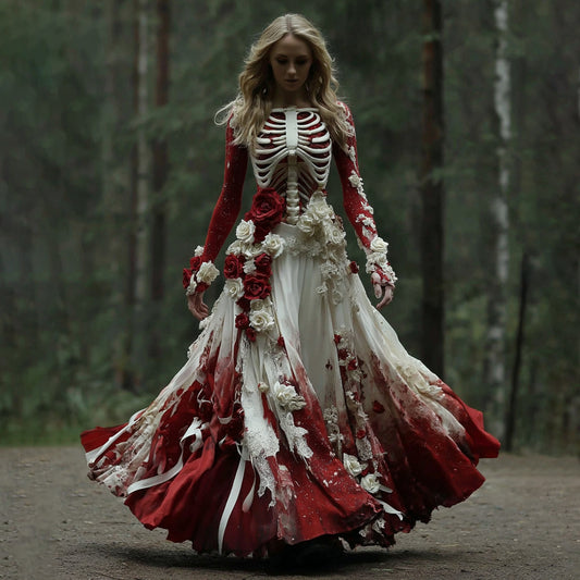 Comstylish Halloween Vintage Skeleton Rose Art Maxi Dress