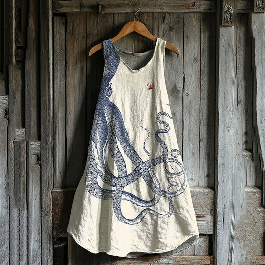 Comstylish Japanese Octopus Art Linen Tank Dress