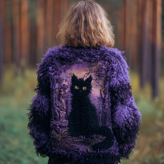 Women's Casual Vintage Halloween Black Cat Embroidered Sweater elevenforest