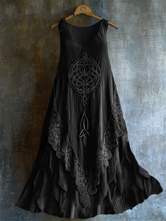 Viking Celtic Knot Lace Hem Layered Linen Tank Dress artswardrobe