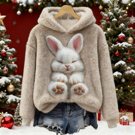 Comstylish Women's Cute Rabbit Pattern Cozy Plush Hoodie