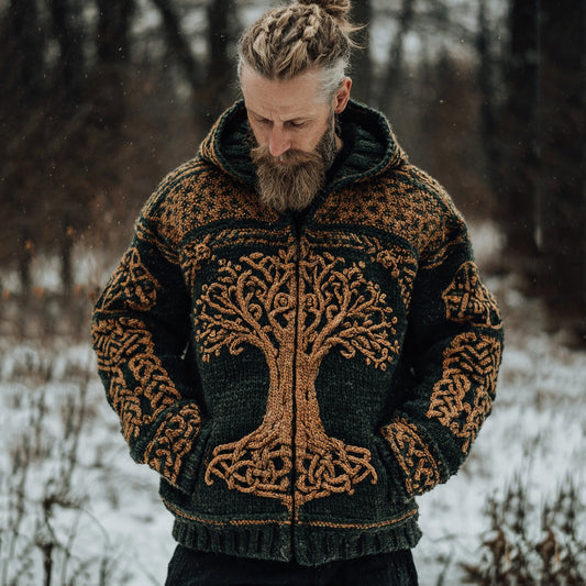 Men's Vintage Celtic Tree Of Life Jacquard Zipper Contrast Color Aran Sweater elevenforest
