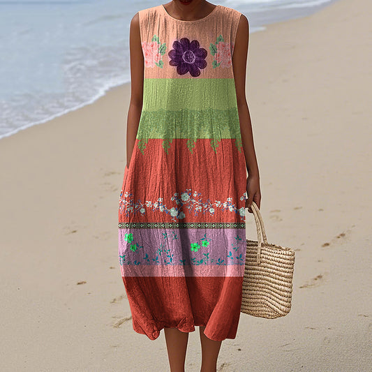 Women's Vintage Floral Art Pattern Print Sleeveless Cotton Wrap Dress artswardrobe