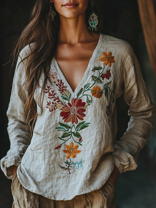 Retro Bohemian Floral Embroidered Linen Blend Cozy Shirt artswardrobe