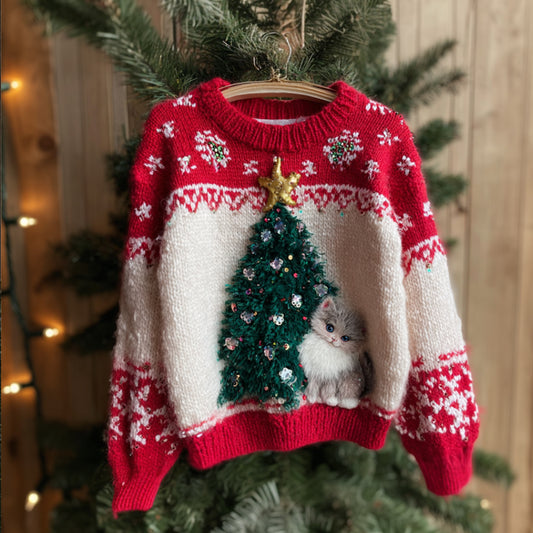Comstylish Christmas Tree And Cat Color Match Sweater