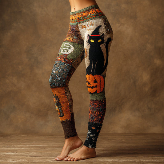 Comstylish Halloween Wizard Black Cat & Pumpkin Patchwork Art Women's Knit Leggings
