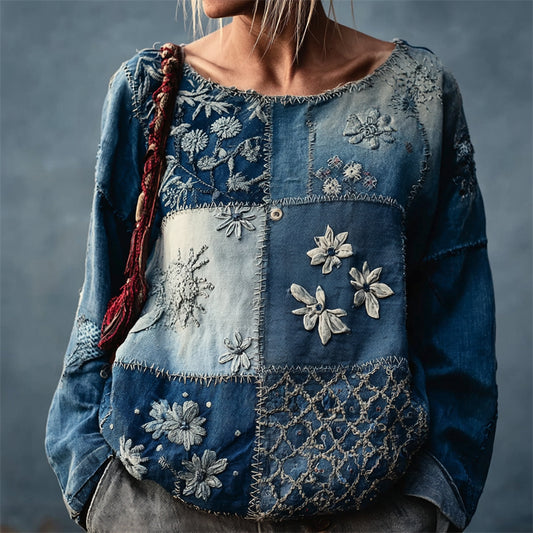 Comstylish Japanese Floral Sashiko Inspired Patchwork Linen Tunic