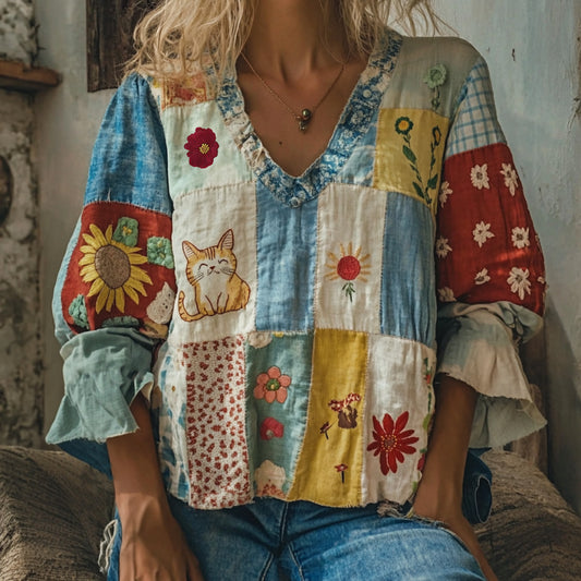 Comstylish Vintage Abstract Creative Patchwork Cute Cat Art Embroidered Cozy Linen Blend T-shirt