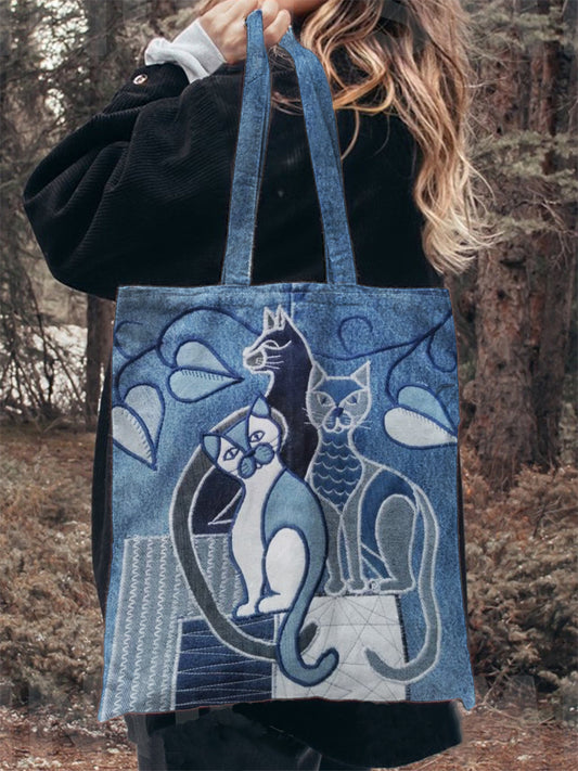 Comstylish Lovely Cats Denim Patchwork Art Tote Bag