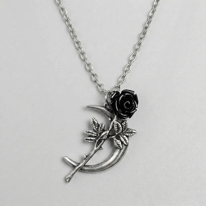 Midnight Crescent Dark Bloom Pendant Necklace