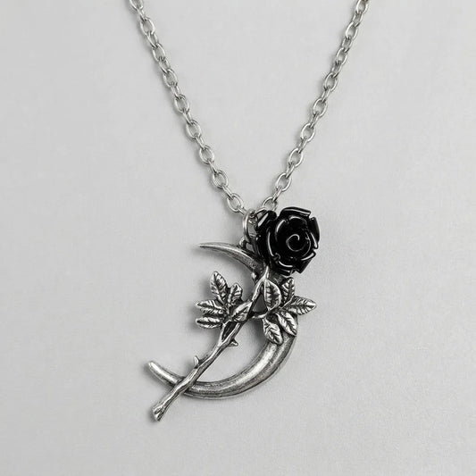 Midnight Crescent Dark Bloom Pendant Necklace