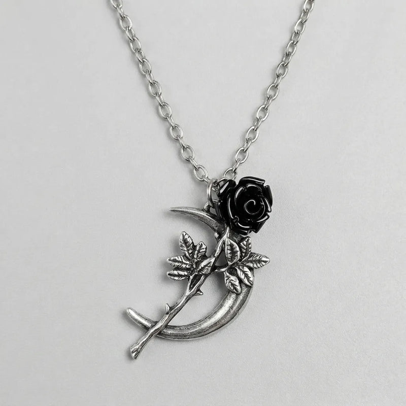 Midnight Crescent Dark Bloom Pendant Necklace