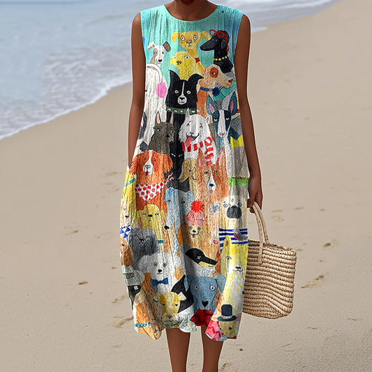 Women's Dog Art Print Tank Midi Dress artswardrobe