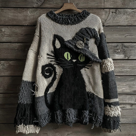 Comstylish Halloween Black Cat Striped Knitted Warm Crew Neck Sweater
