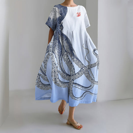 Comstylish Japanese Art Octopus In Gradient Print Casual Art Linen Blend Maxi Dress