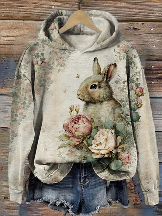 Vintage Bunny Floral Art Cozy Hoodie artswardrobe