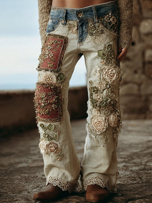 Bohemian Style Patchwork Floral Lace Vintage Jeans