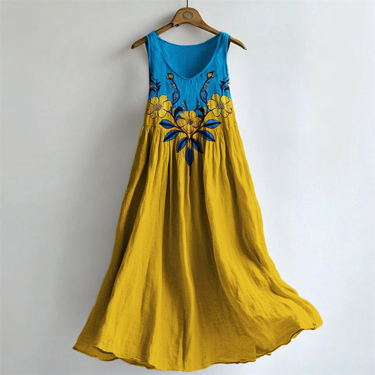 Boho Ukraine Floral Embroidered Contrast Patchwork Linen Dress artswardrobe