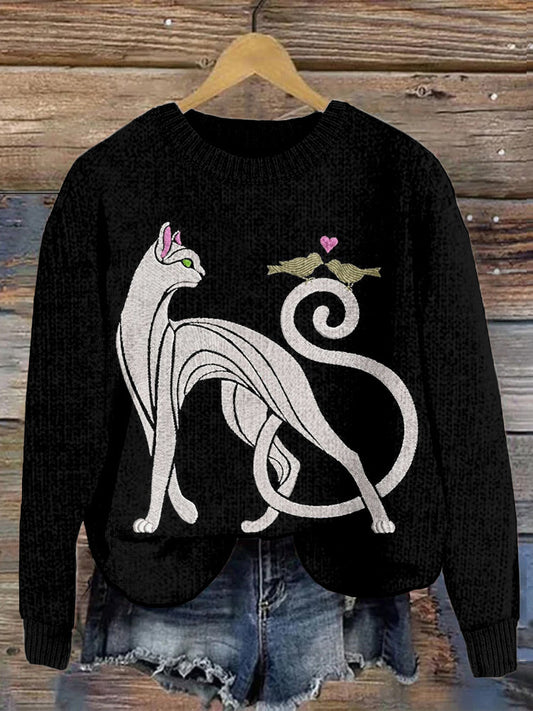 Cat & Birds Embroidery Crew Neck Cozy Sweater elevenforest