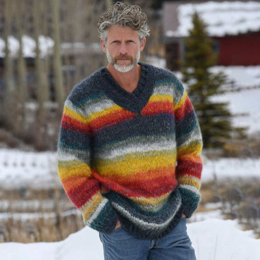 Men's Vintage Rainbow Stripe Knit Jacquard Fairman Island Jacquard Thick Warm V Neck Sweater artswardrobe