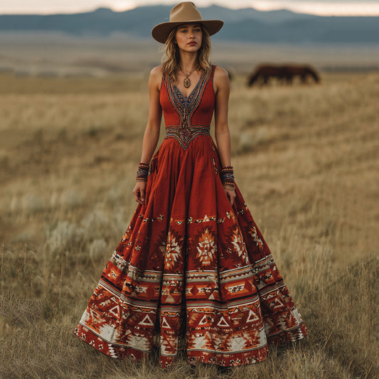 Women's Vintage Western Geometric Print V-neck Maxi Dress artswardrobe